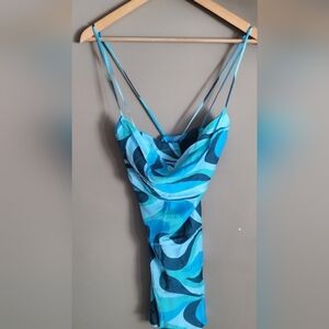 NWT Zara Safia Blue Abstract  Size Small Crisscross Back Slip Dress